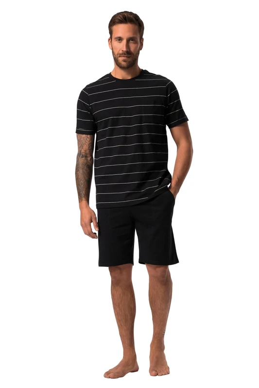 JP 1880 Men's Striped Pyjamas 1/2 Pajama Set, Black, XXXXL