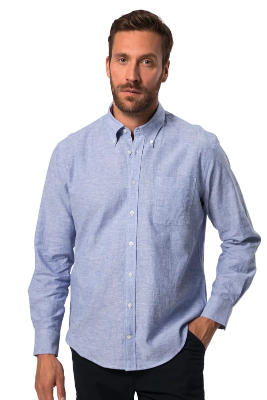 JP 1880 Men's Hemd, Langarm, Leinenmix, Buttondown-Kragen, Modern Fit Shirt, Grey, XXL