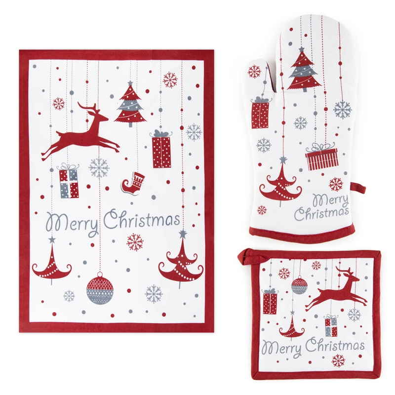Excelsa Merry Christmas Kitchen Textile Set, Oven Glove, Pot Holder and Tea Towel, Cotton, Polyester Filling