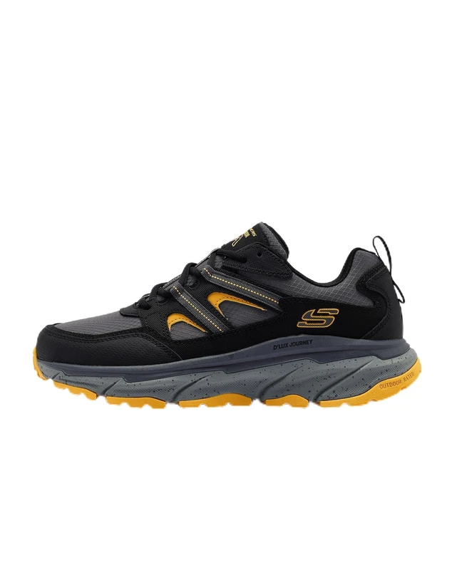 Skechers Men's D'Lux Journey Sneaker, Black Leather/Textile/Yellow Trim, 11 UK