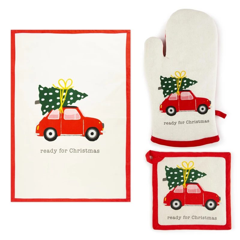 Excelsa Ready for Christmas Set of 3 Kitchen Textiles, Oven Glove, Pot Holder and Tea Towel, 100% Cotton, Polyester Filling