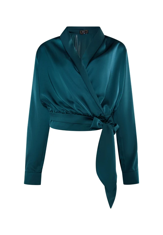 NALLY Women's Satin Wrap Blouse, Emerald, S