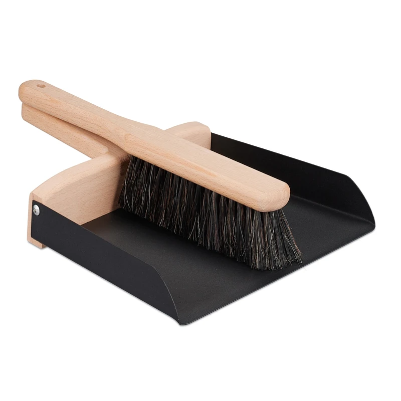Relaxdays Sweeping Set, for Household & Camping, Metal & Beechwood, Hand Brush & Dustpan, 6 x 24 x 31 cm, Black/Natural, Wood, Iron, Polyester