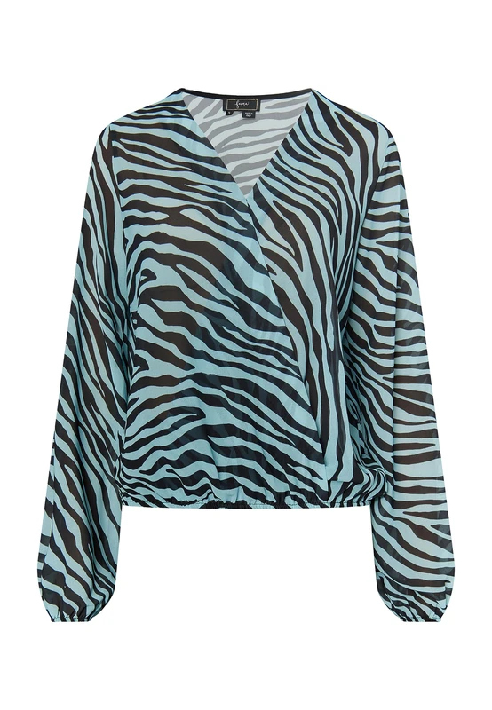 CARNEA Women's Blouse with Zebra Print, Light Blue, Black, M