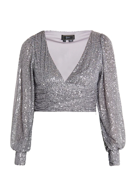 YASANNA Women's Silver-Grey Sequin Cropped Top - Size M