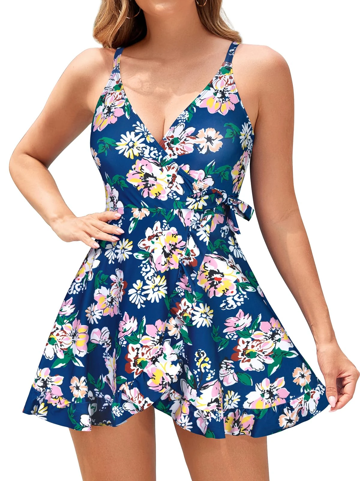 SHEKINI Women's Swimsuit One Piece Ruffled Swim Dress V Neck Padded Plus Size Tummy Control Beach Swimwear with Skirt