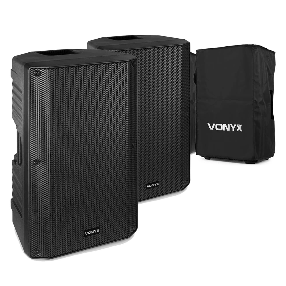 Vonyx VSA150S 15" Active DJ Speakers Pair with Bluetooth, 1000W Powered PA System, 2x Protective Speaker Bags, USB MP3, EQ, Microphone Guitar Inputs for Live Events