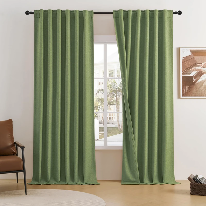 DUALIFE Sage Linen Blackout Curtains - 2 Panels 50x132 Inches