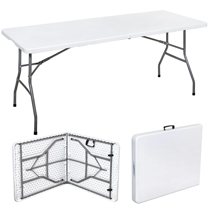 Vivo Technologies 4ft Trestle Indoor Outdoor Garden Catering Folding Table with Handle Plastic Picnic Garden Foldable Portable Table for Picnic Party Dinner Camping Hiking White