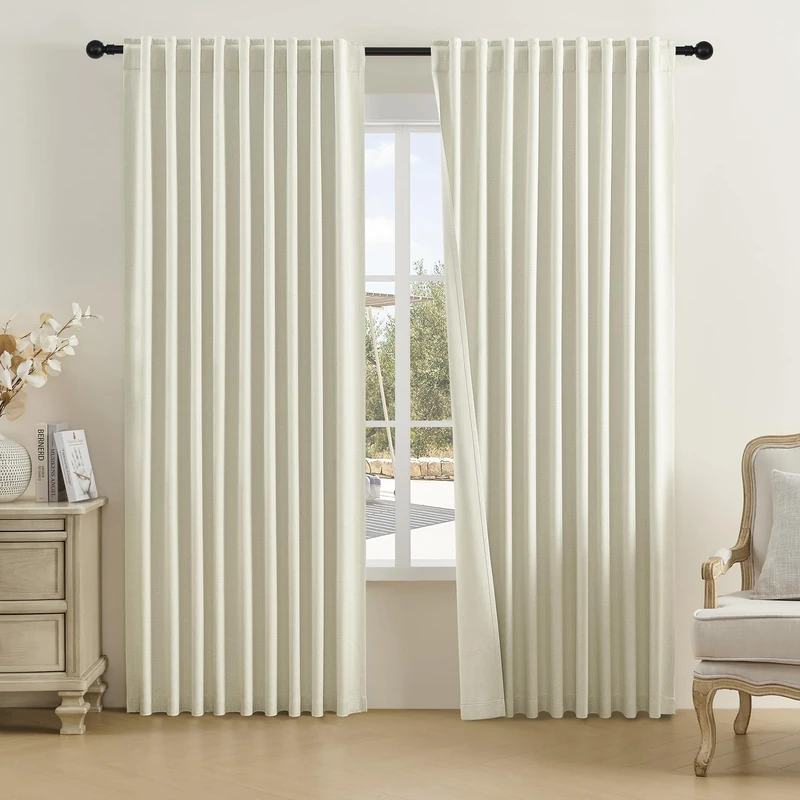 DUALIFE Beige Linen Blackout Curtains Back Tab and Rod Pocket Thermal Insulated Light Blocking Drapes for Bedroom 2 Panels Set 72X96 Inches