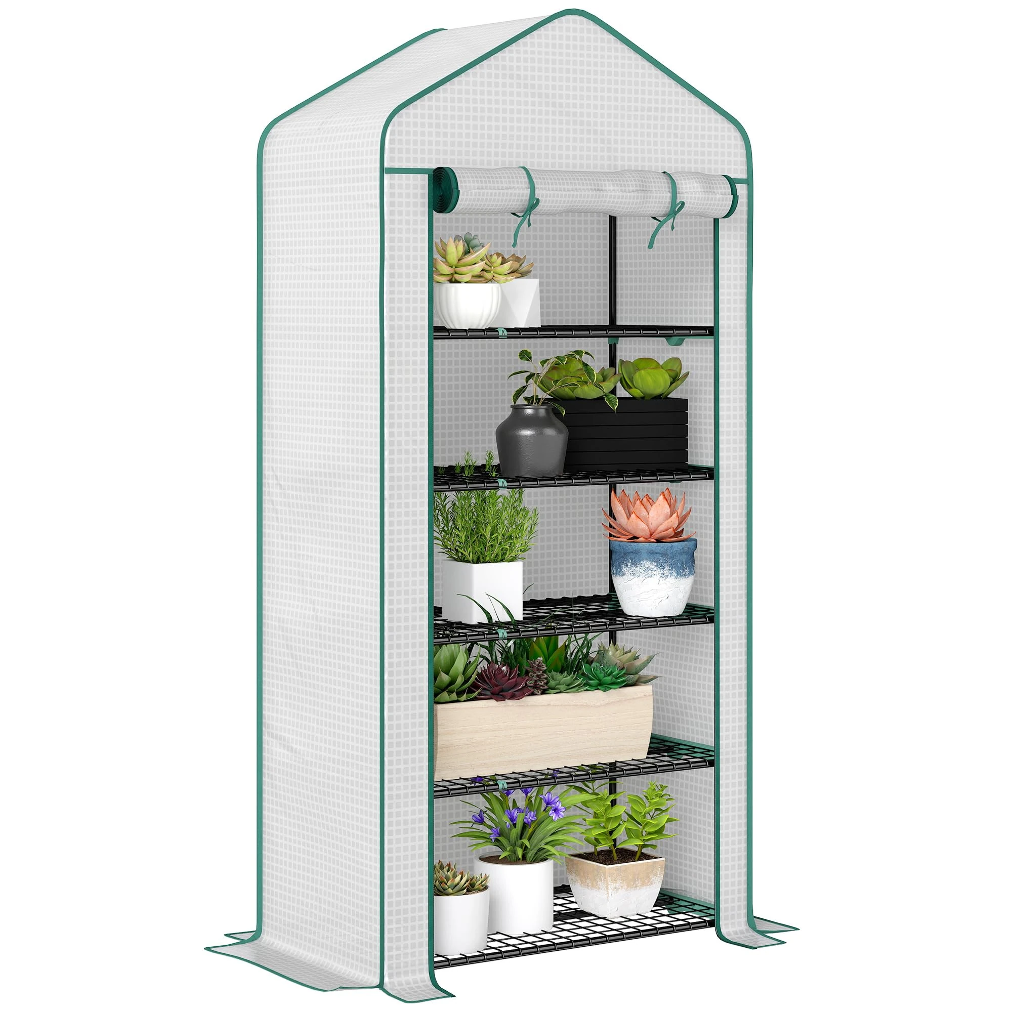 Outsunny 5 Tier Widened Mini Greenhouse with Reinforced PE Cover, Portable Indoor Outdoor Green House with Roll-up Door and Wire Shelves, 193H x 90W x 49Dcm, White