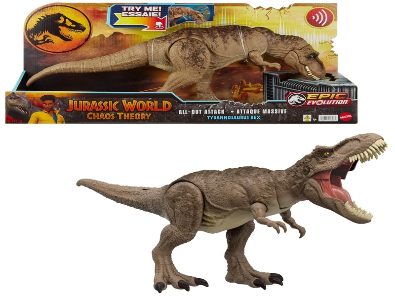 Mattel Jurassic World: Chaos Theory Netflix - All-Out Attack Tyrannosaurus Rex Dinosaur Action Figure Toy, with Rampage Attack, Chomp & Roar & Evolved Spikes, Digital Play, Ages 4 Years & Up, HXF54