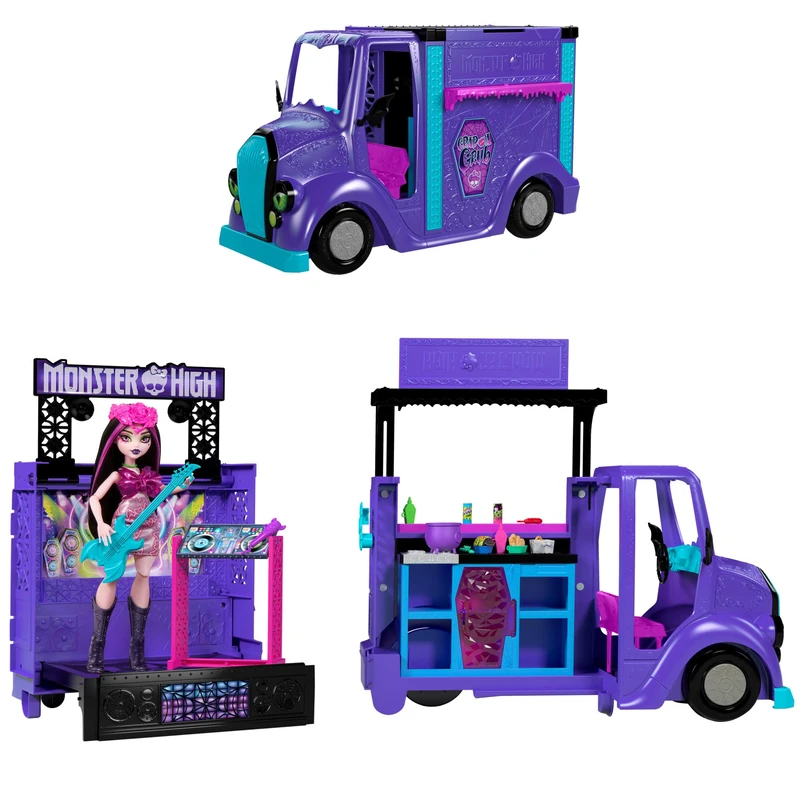 Monster High Draculaura Doll and Playset, Fangtastic Rockin’ Food Truck with Pullout Stage Transformation and 13+ Food and Music Themed Accessories, HXH83
