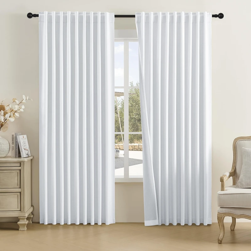 Greyish White Blackout Linen Curtains 72x96 Inches Long Room Darkening Privacy Assured Drapes for Sliding Glass Patio Door,Floor to Ceiling Curtains,2 Pcs,Rod Pocket and Back Tab Pleated Curtains