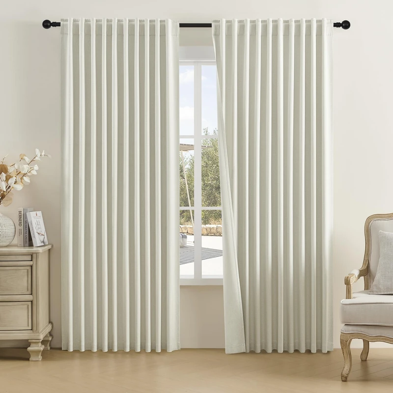 DUALIFE Natural Birch Curtains 96 Inch Length-Back Tab Pocket Pleated Room Darkening Curtains for Bedroom Dining Room,Patio Sliding Glass Door Curtain Living Room Drapes(84W x 96L, 2 Panels)