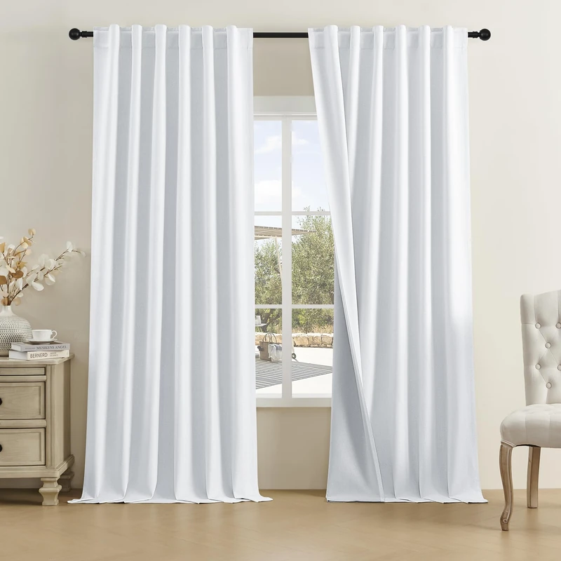 DUALIFE Greyish White Linen Curtains, 102 Inch Long Curtains Blackout Sliding Glass Door Thermal Insulated Drapes for Bedroom Back Tap/Rod Pocket/Hook Belt?50x102 Inch
