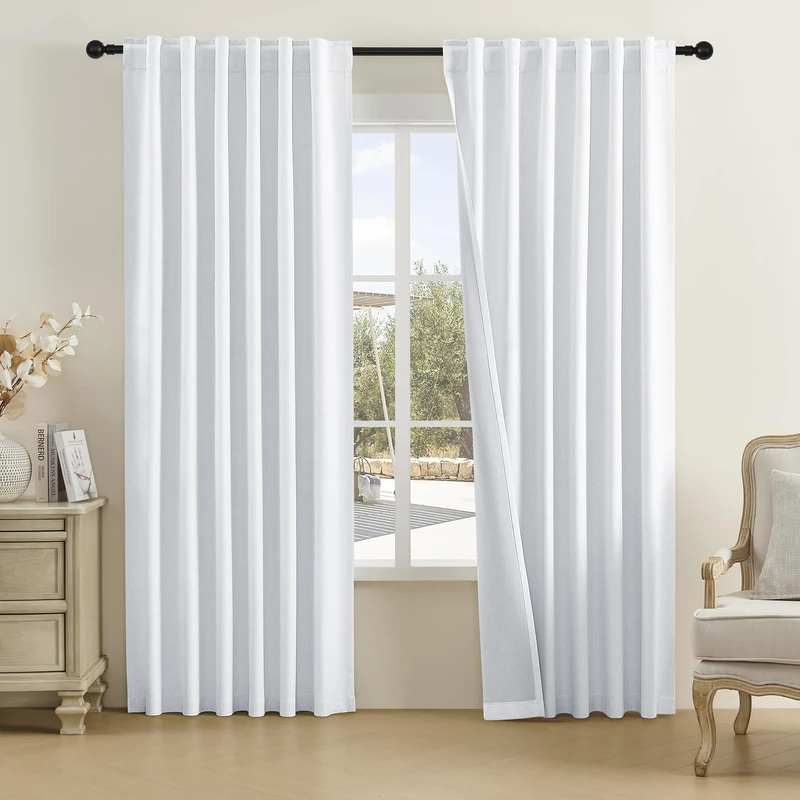DUALIFE Greyish Bright White Curtains 90 Inches Long Back Tab Rod Pocket -Room Darkening Thermal Insulated Noise Reducing Pinch Pleated Back Tab Drapes with Hooks for Bedroom Living Room 2 Panels