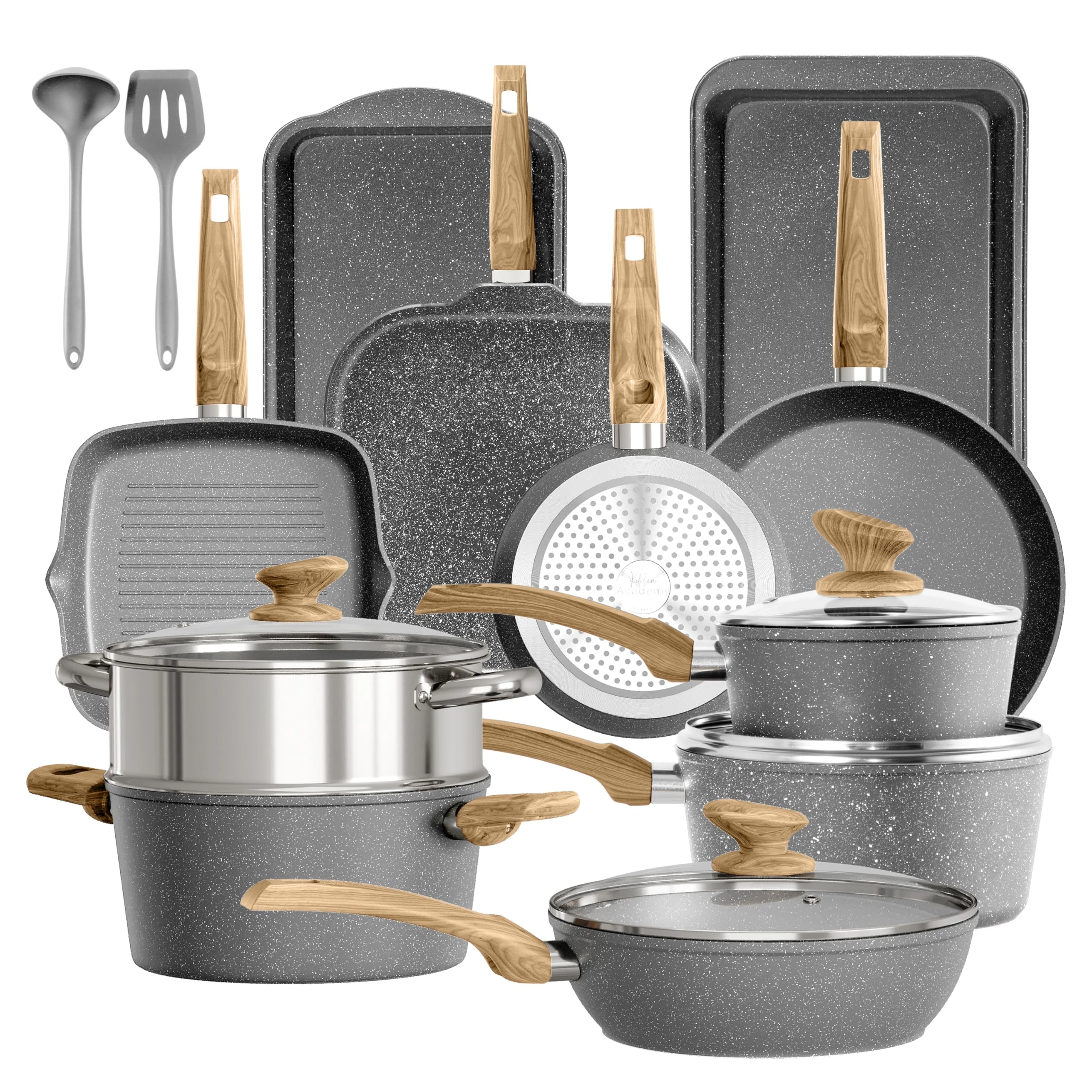 DishDelight 17 Piece Nonstick Pots & Pans Set，Induction Nonstick Kitchen Cookware Sets，Nonstick Induction Cookware w/ Frying Pans & Saucepan Set，Non-toxic Kitchen Cooking Set，Gray (KA-CS01-014-Bgrey)