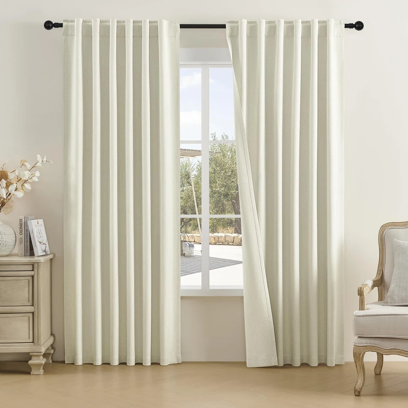 DUALIFE Greyish Beige Blackout Curtains 84 Inches Long for Bedroom Back Tab Rod Pocket Burlap Curtains Blackout Rustic Farmhouse Full Light Blocking Thermal Insulated Curtains 2 Panels 50x84 Inches