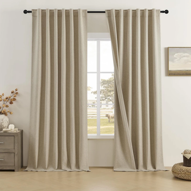 DUALIFE Taupe Linen Blackout Curtains Back Tab and Rod Pocket Thermal Insulated Light Blocking Drapes for Bedroom 2 Panels Set 50X102 Inches