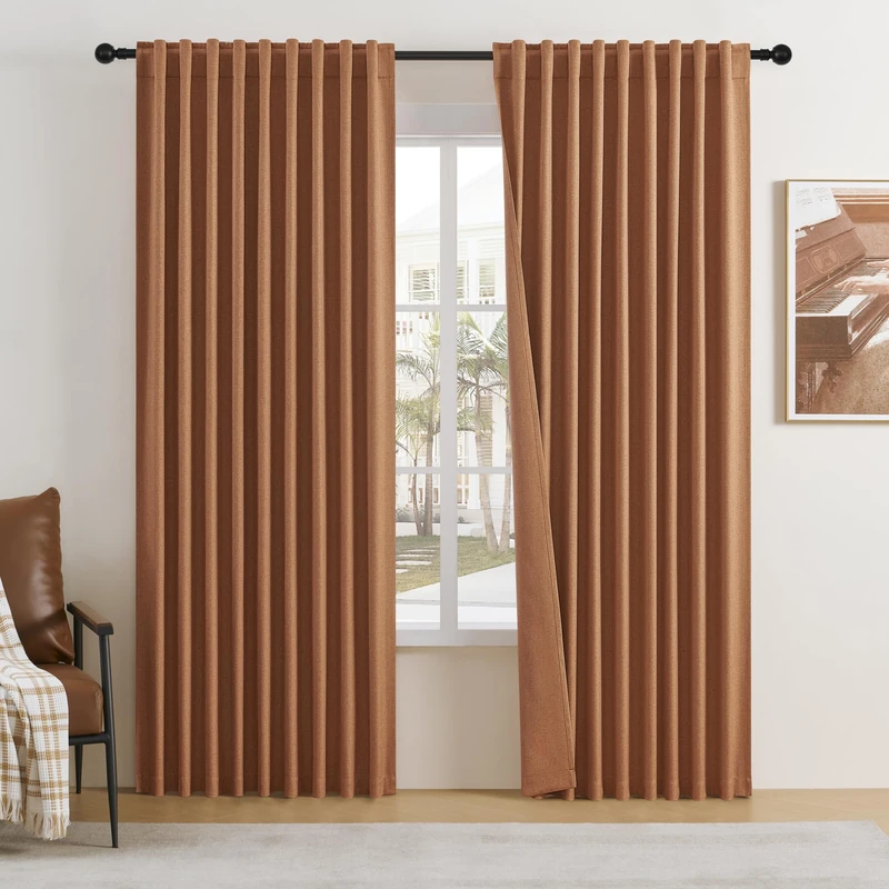 DUALIFE 72 Inch Wide Curtains for Living Room 96 Inch Long 2 Panels Faux Linen Blackout Window Treatment Pole Pocket Back Tab Pinch Pleated Orange Curtains for Bedroom 72x96 Rust Fall Color