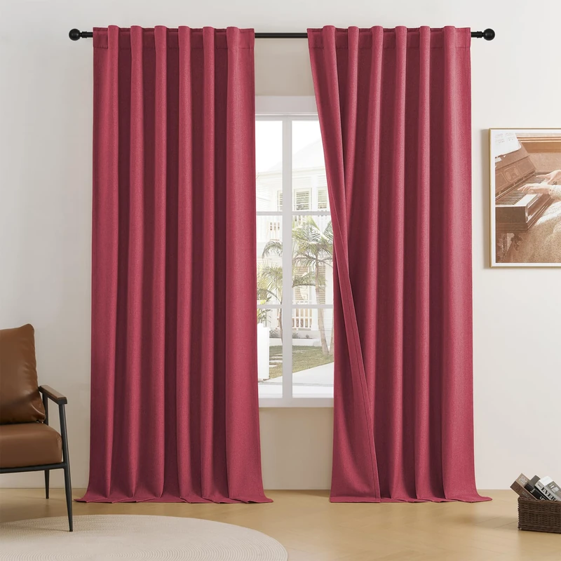 DUALIFE Extra Long 108 Inch Full Blackout Curtains for Large Window,Look Faux Linen Textured Back Tab Hook Belt Pleated Tall Drapes for Living Room Dining 2 Panels Set,50 Wide,10 FT Rose Red