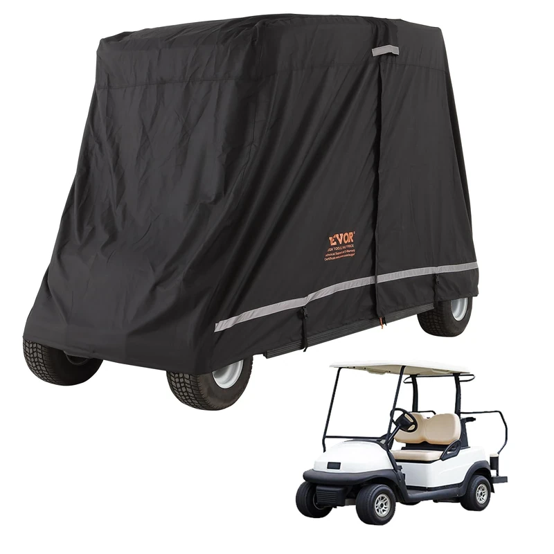 VEVOR 2+2 Passenger Golf Cart Cover, 600D Polyester Full Cover, Suitable for 2+2 Golf Carts, Waterproof, Sunproof, and Dustproof Outdoor Golf Cart Cover with Three Zipper Doors, Black