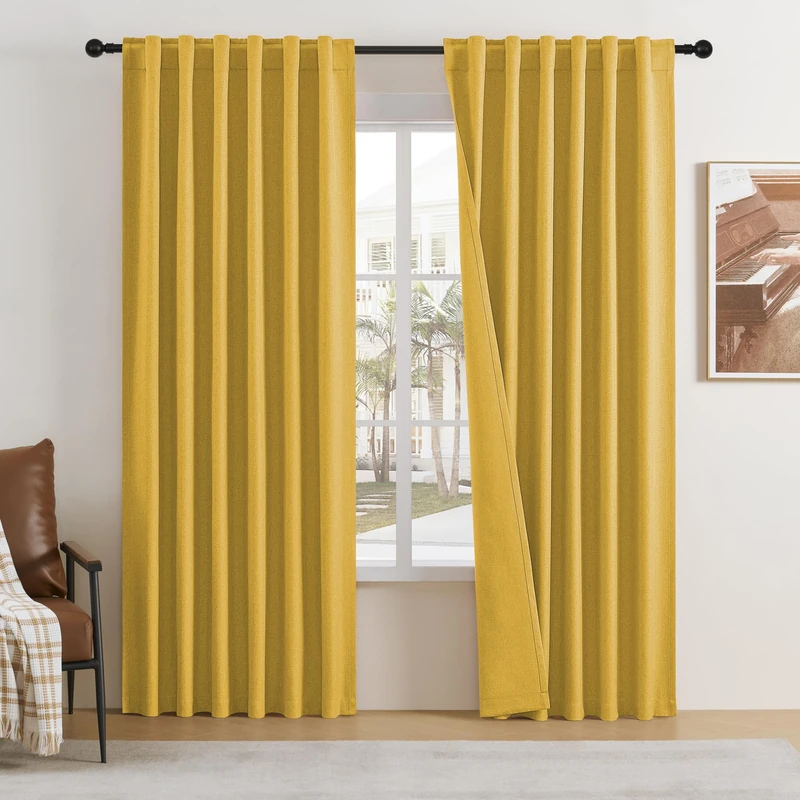 DUALIFE Blackout Curtains 84 Inches Long 2 Panels,Black Out Linen Drapes for Bedroom/Living Room,Back Tab and Rod Pocket,Set of 2,Yellow,50" Wide and 84" Length.