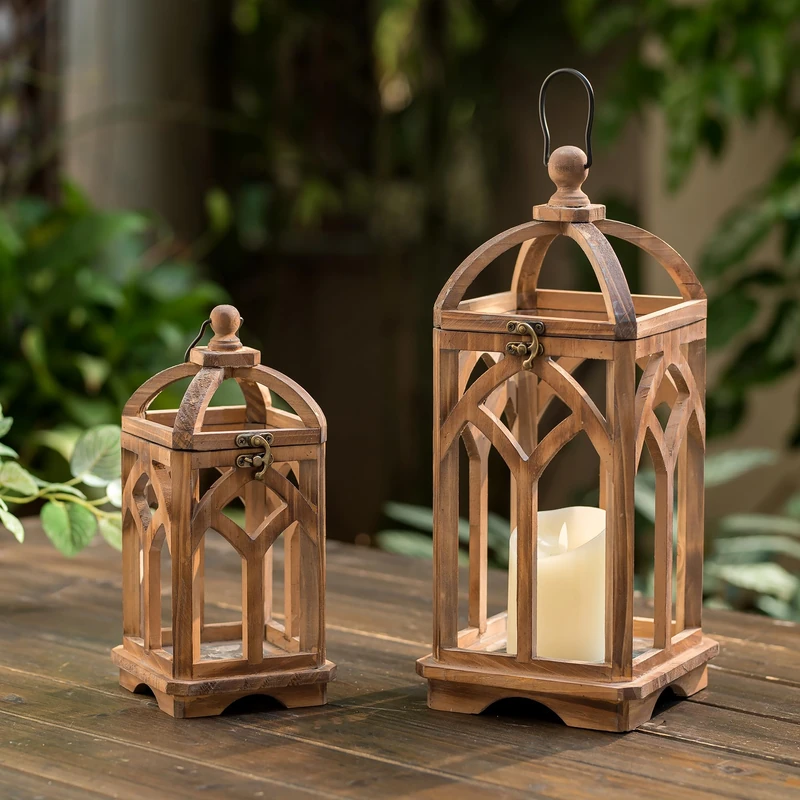 Staymoment Farmhouse Lanterns Decorative Indoor: 11" & 15" Set of 2 Brown Wooden Candle Holder Lanterns for Table Centerpiece Fireplace Mantle Home Decor