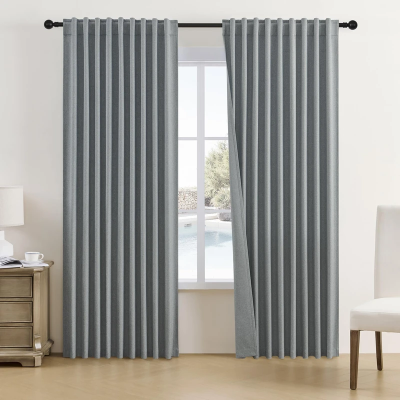 DUALIFE Grey Blackout Pleated Linen Curtains 96 Inches Long 8 ft Length for Patio Sliding Door Living Room (Back Tab/Rod Pocket/Hook Belt,72 Wide x 96 Length Inch,2Panels)