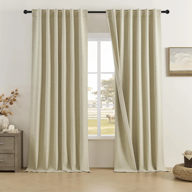 DUALIFE 2PCS Blackout Extra Long Linen Curtains 11 ft Length Drapes, High Ceiling Living Room Tall Cutains Back Tab Pocket 2 Story Long Window Curtains 50 X132 Inch 2 Panels Chartreuse Oatmeal