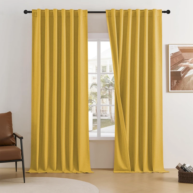 DUALIFE Gold Yellow Blackout Linen Curtains 96 Inches Long Back Tab Heat Full Light Block Out Curtains 2 Panels for Bedroom Windows Textured Long Draperies Floor to Ceiling Length 8 Ft W50 x L96