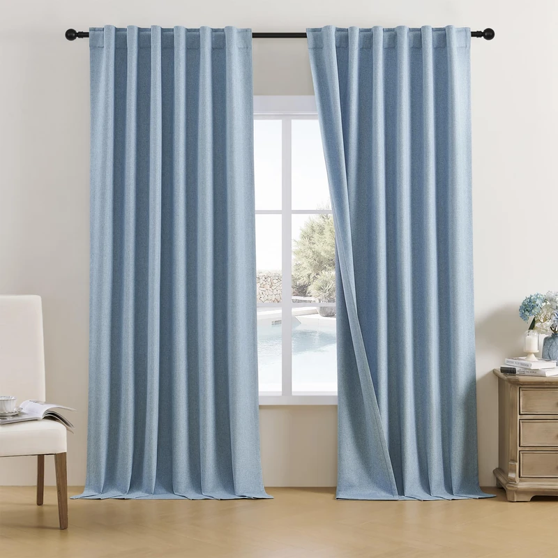 DUALIFE Dusty Blue Linen Blackout Curtains Back Tab and Rod Pocket Thermal Insulated Light Blocking Drapes for Bedroom 2 Panels Set 50X132 Inches