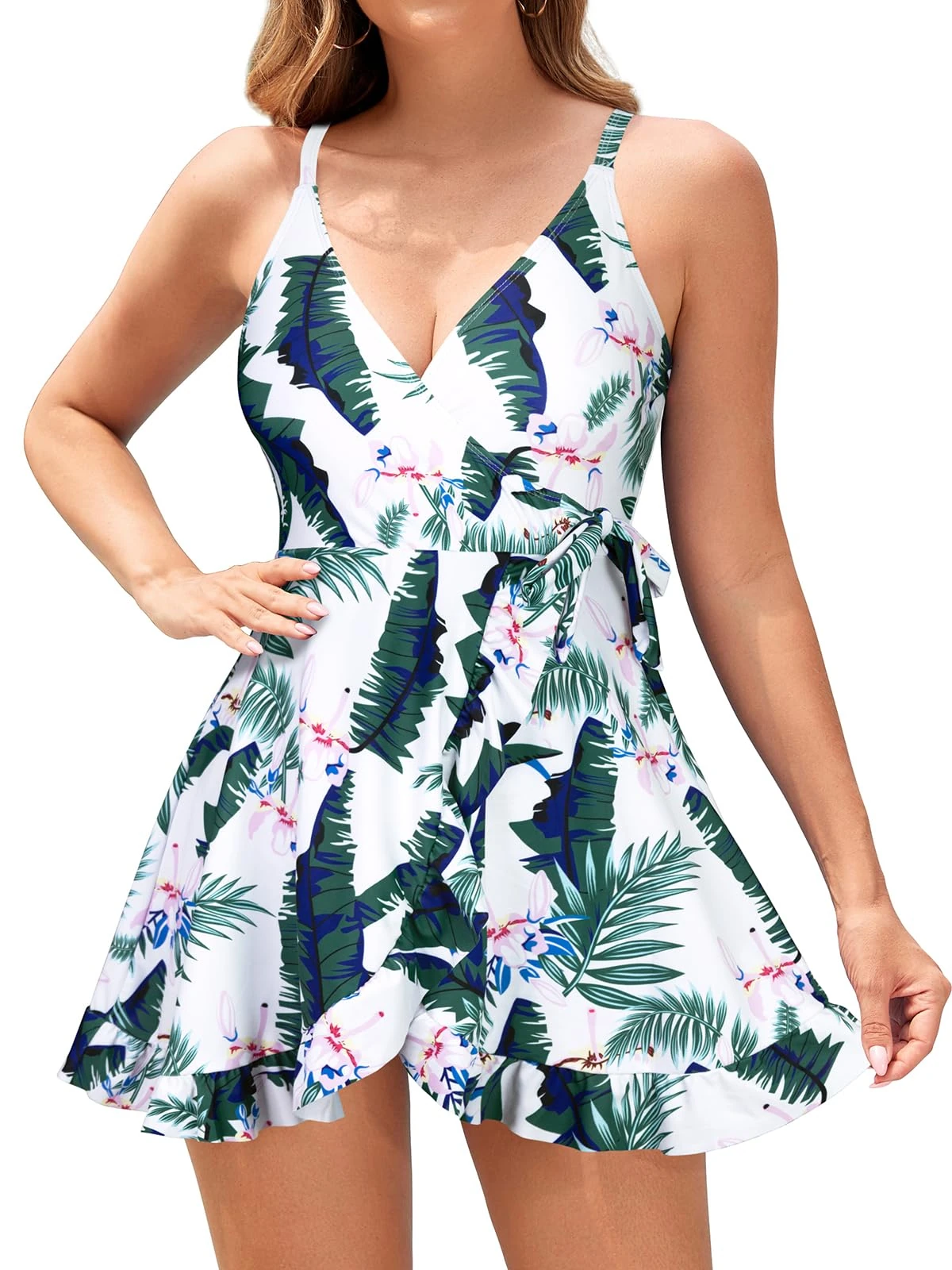 SHEKINI Women's Swimsuit One Piece Ruffled Swim Dress V Neck Padded Plus Size Tummy Control Beach Swimwear with Skirt