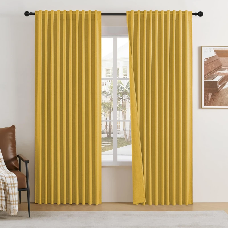 DUALIFE Gold Yellow Blackout Curtains 96 Inches Long for Living Room 2 Panels Set Boho Back Tab Hook Pleated Darkening Thermal Light Blocking Linen Curtains for Bedroom Door,W84 x L96 Inch