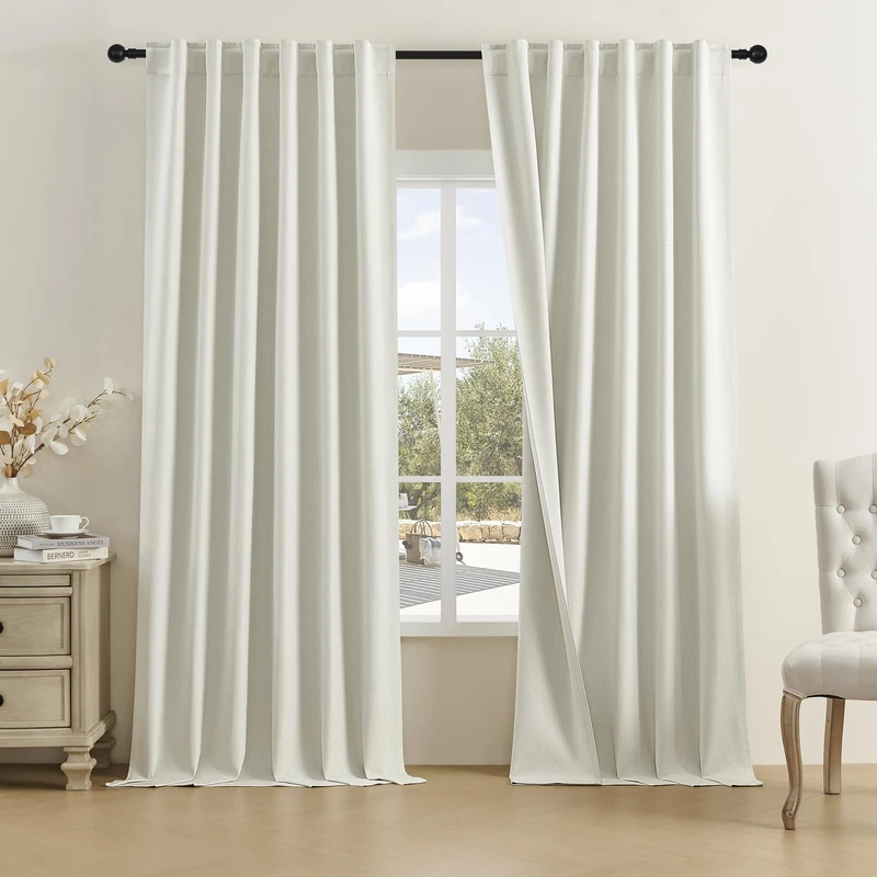DUALIFE Full Blackout Faux Linen Blackout Curtains for Bedroom 102 Inches Long,Back Tab/Rod Pocket Living Room Drapes,Thermal Insulated Blackout Curtains 2 Panels,50" W x 102" L,Natural Birch Color