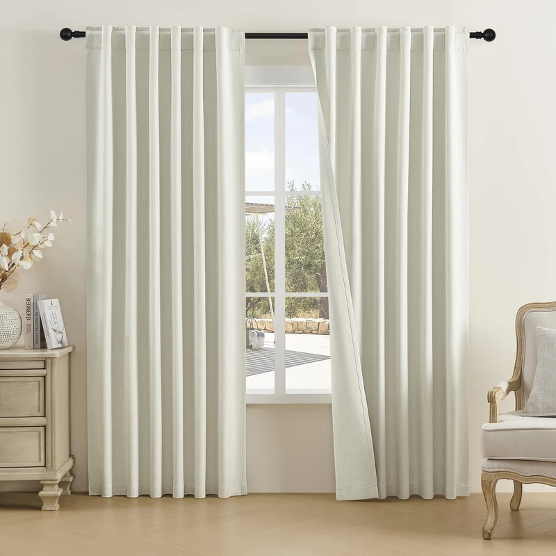 DUALIFE 90 Inch Faux Linen Textured Curtains Blackout for Bedroom 2 Panels,Pinch Pleated Rod Pocket/Back Tab/Hook Belt Thermal Insulated Drapes for Cottage Urban,50x90 Inch Nartural Birch
