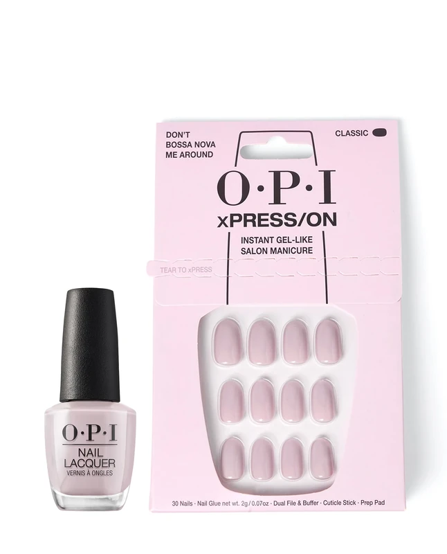 OPI xPRESS/ON Press On Nails & Cuticle Oil, 30 Pcs Reusable False Nails with up to 14 Days of Wear, Deeply Nourishing Cuticle Oil, Gel-Like Salon Manicure, Don’t Bossa Nova Me Around Nude Nail Polish