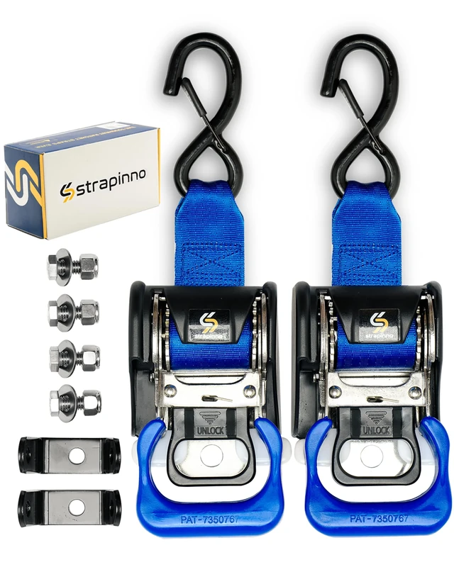Strapinno 2PCS Stainless Steel Retractable Ratchet Straps (1 7/8 in x 4 ft) Transom Tie-Downs for Boat Trailer - Extra Mounting Brackets & Bolt Set, Safety Latch S-Hook, Break Strength 1,650LB/750KG