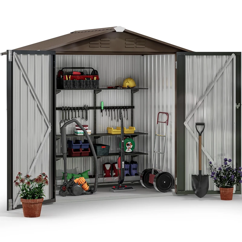 YITAHOME 6 x 4FT Garden Shed, Lockable Galvanized Metal Outdoor Storage Sheds Waterproof Garden Storage Shed Box with 4 Ventilation Slots for Bike, Tool, Lawnmower, Brown, 171 x 118 x 184cm