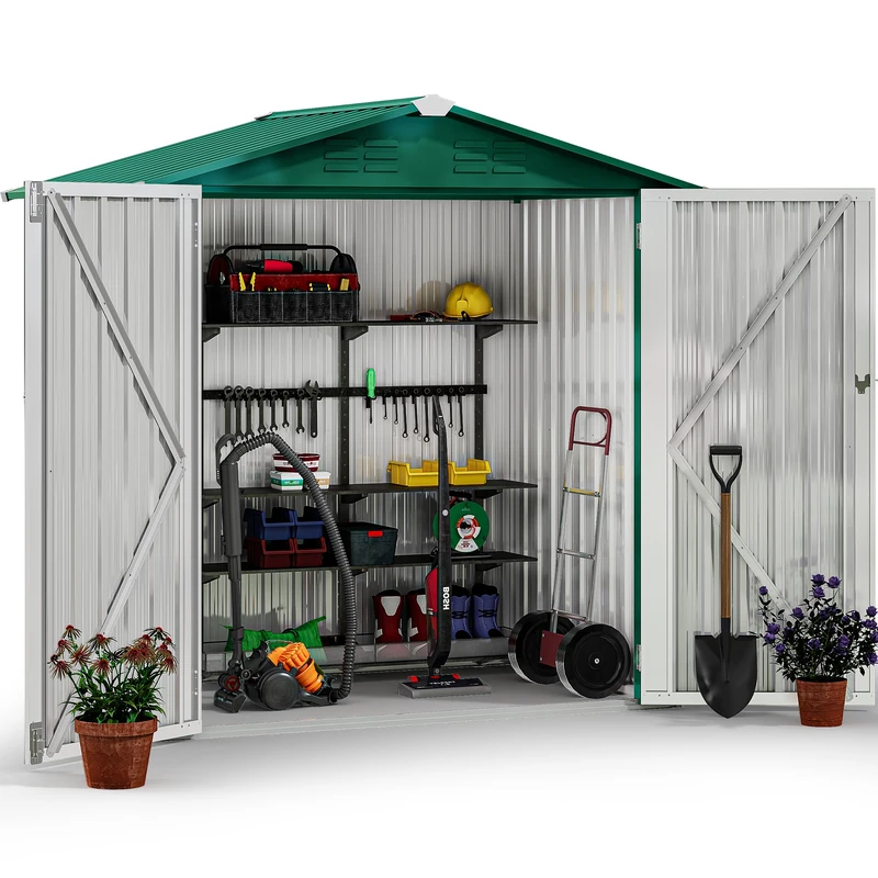 YITAHOME 6 x 4FT Garden Shed, Lockable Galvanized Metal Outdoor Storage Sheds Waterproof Garden Storage Shed Box with 4 Ventilation Slots for Bike, Tool, Lawnmower, Green, 171 x 118 x 184cm