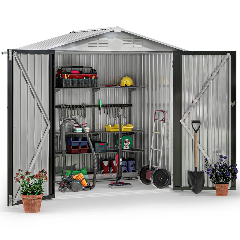 YITAHOME 6 x 4FT Garden Shed, Lockable Galvanized Metal Outdoor Storage Sheds Waterproof Garden Storage Shed Box with 4 Ventilation Slots for Bike, Tool, Lawnmower, White, 171 x 118 x 184cm