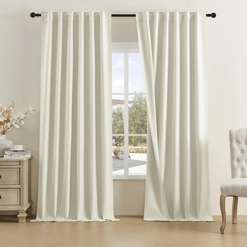 DUALIFE Extra Long 108 Inch Full Blackout Curtains,Faux Linen Textured Back Tab Hook Belt Pleated Tall Drapes for Living Room Dining 2 Panels Set,50 Wide，9 FT,Beige