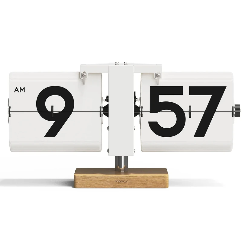 mooas Classic Modern Wood Big Flip Desk Clock (White), Retro Vintage Analog Design Auto Flip Clock Table Clock Large Number Battery Powered, Ideal for Home Office School Hotel Café