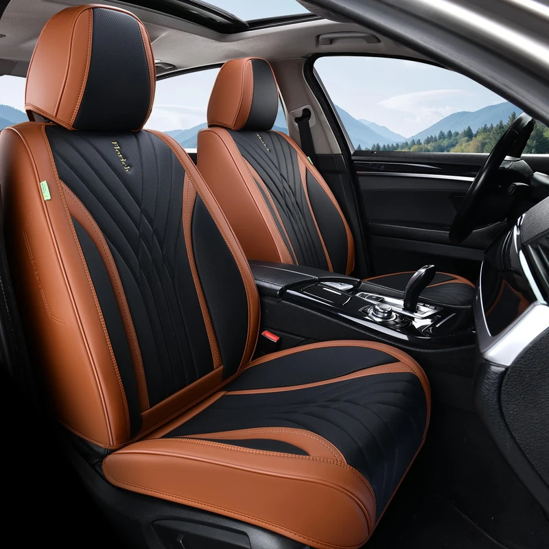 FLORICH Leather Seat Covers, Front Seat Covers,Waterproof Seat Cover for Cars, 2PCS Luxury Leatherette Brown Car Seat Cushion, Automotive Seat Covers for Sedan SUV Pick-up Truck