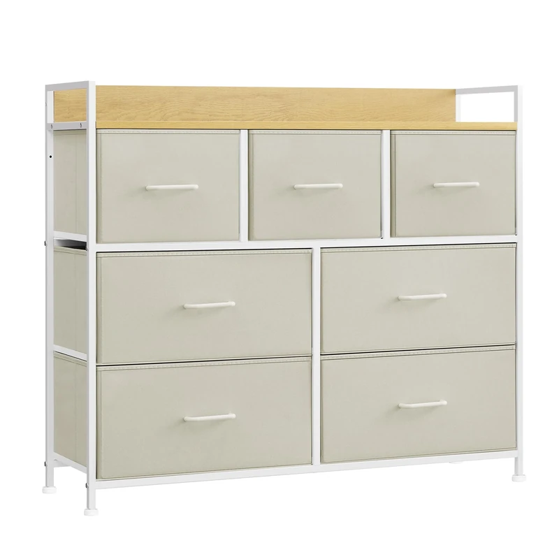 SONGMICS Chest of Drawers, Bedroom Cabinet, 7 Fabric Drawers with Handles, Metal Frame, Cream White and Oak Beige LTS523W01