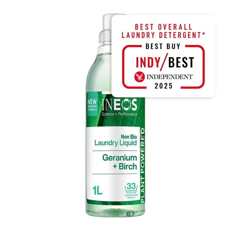 INEOS Next-Gen Non Bio Laundry Washing Liquid Detergent, 33 Washes (1L), High Performance Stain Remover For Clothes, Plant Powered, For Sensitive Skin, Geranium + Birch, Packaging May Vary