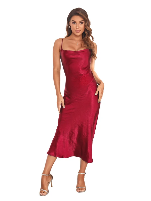 Women's Spaghetti Strap Midi Satin Silk Dresses Slip Cowl Neck Party Cocktail Evening Sexy Dress, Wine Red, XS
