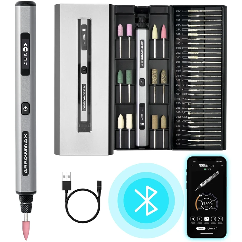 Smart Mini Electric Engraving Pen By ARROWMAX, HollowCup Motor, 42 Bits With Aluminum Case, OLED, Magnetic Charge, Mini Rotary Tool, Cordless Engraving Pen for Metal, Wood, Glass and Plastic (SGS MAX)
