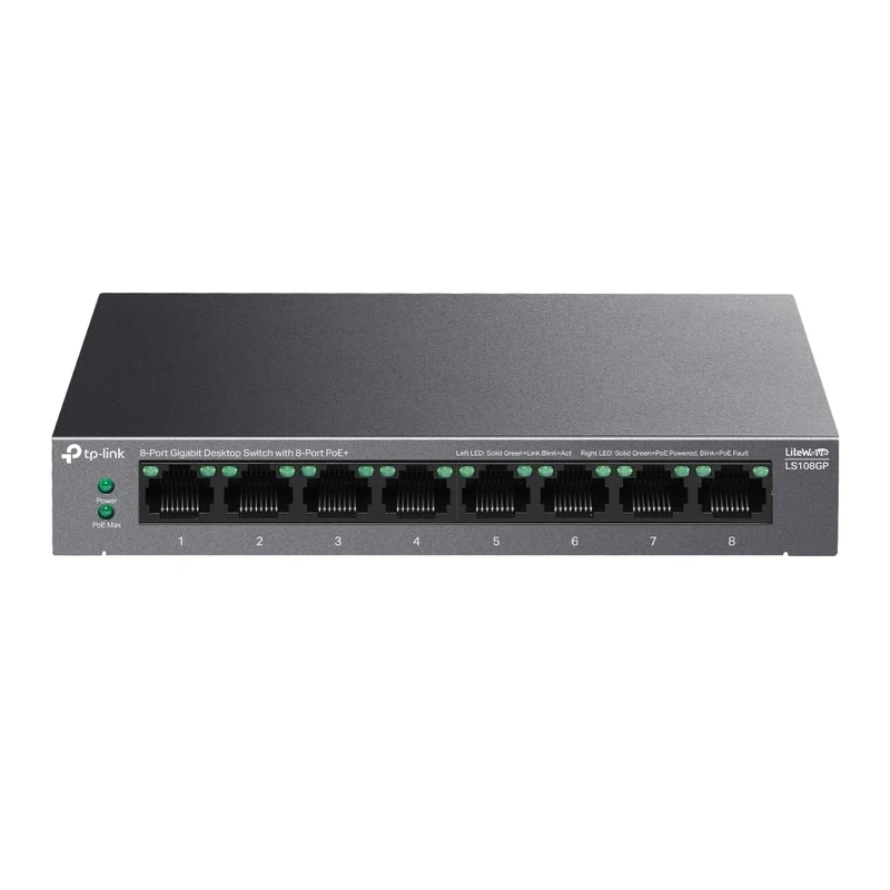 TP-Link 8-Port Gigabit Desktop Ethernet Switch with 8-Port PoE+, 62 W PoE Budget, PoE Auto Recovery, Plug & Play, Metal Casing, Ideal for IP Surveillance & Network Security (LS108GP)